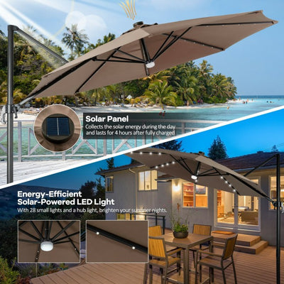 10ft Patio Cantilever Umbrella Outdoor Hanging Offset Umbrella with Solar LED Lights and 360-Degree Rotation