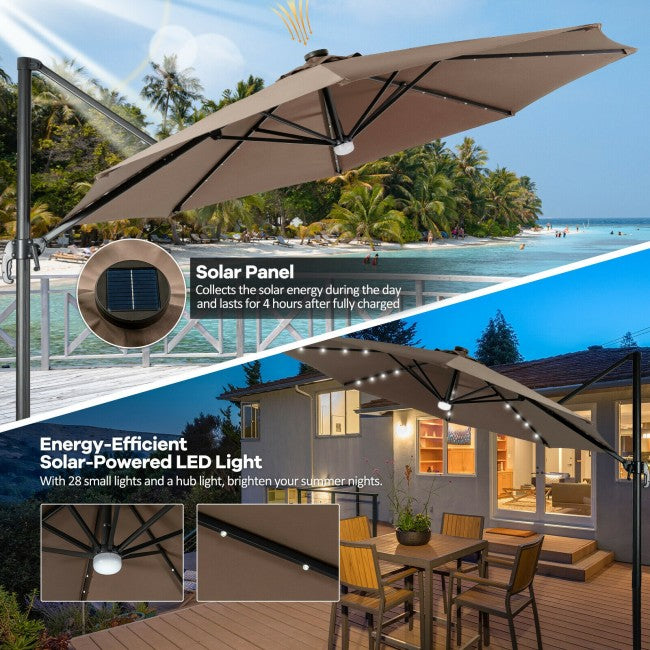 10ft Patio Cantilever Umbrella Outdoor Hanging Offset Umbrella with Solar LED Lights and 360-Degree Rotation