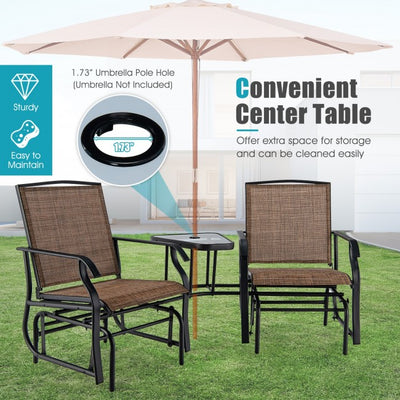 2 Person Outdoor Glider Chair Patio Bench Rocking Swing Loveseat with Coffee Table and Umbrella Hole