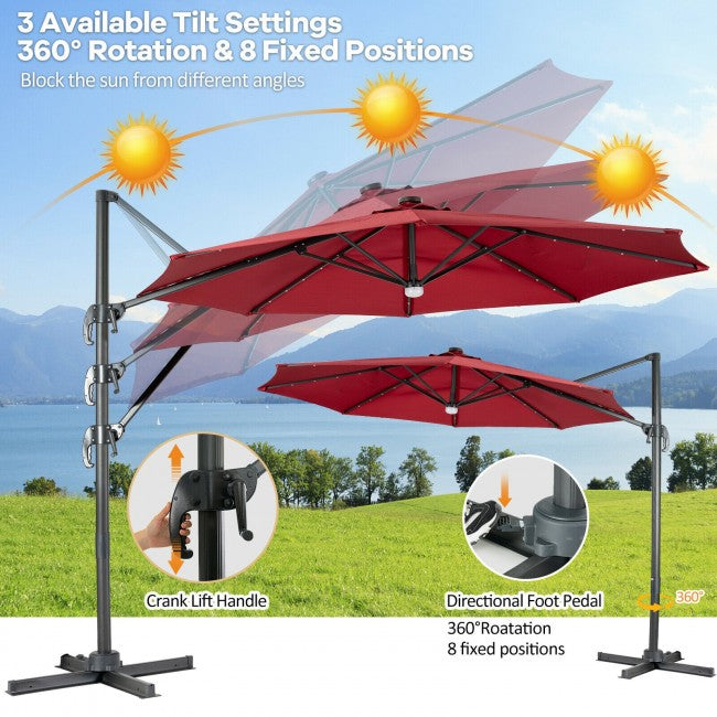 10ft Patio Cantilever Umbrella Outdoor Hanging Offset Umbrella with Solar LED Lights and 360-Degree Rotation