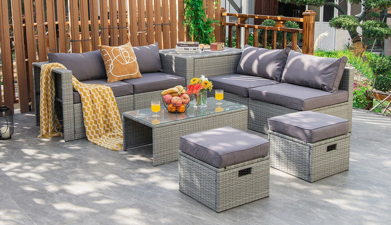 8 Pieces Patio Cushioned Rattan Furniture Set with Storage Waterproof Cover and Space-Saving Design