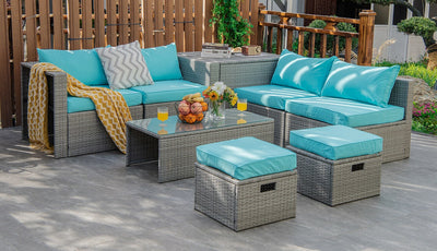 8 Pieces Patio Cushioned Rattan Furniture Set with Storage Waterproof Cover and Space-Saving Design