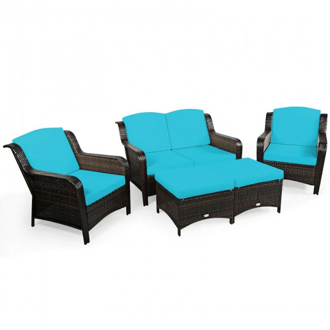 5 Pieces Patio Rattan Sofa Set outdoor conversation set with Cushion and Ottoman