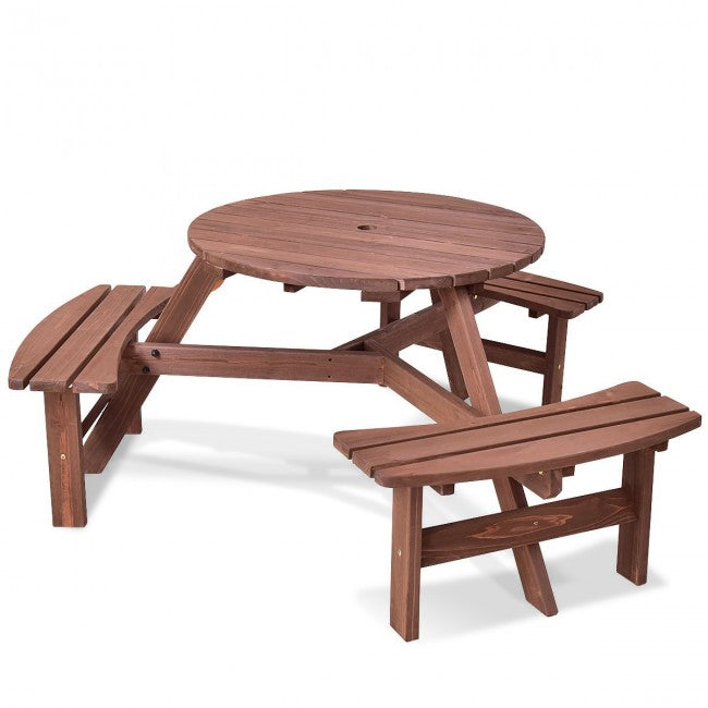 6-Person Outdoor Wooden Picnic Table Set Patio Dining Bench Set with Umbrella Hole