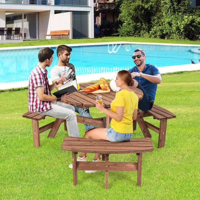 6-Person Outdoor Wooden Picnic Table Set Patio Dining Bench Set with Umbrella Hole