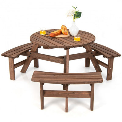 6-Person Outdoor Wooden Picnic Table Set Patio Dining Bench Set with Umbrella Hole