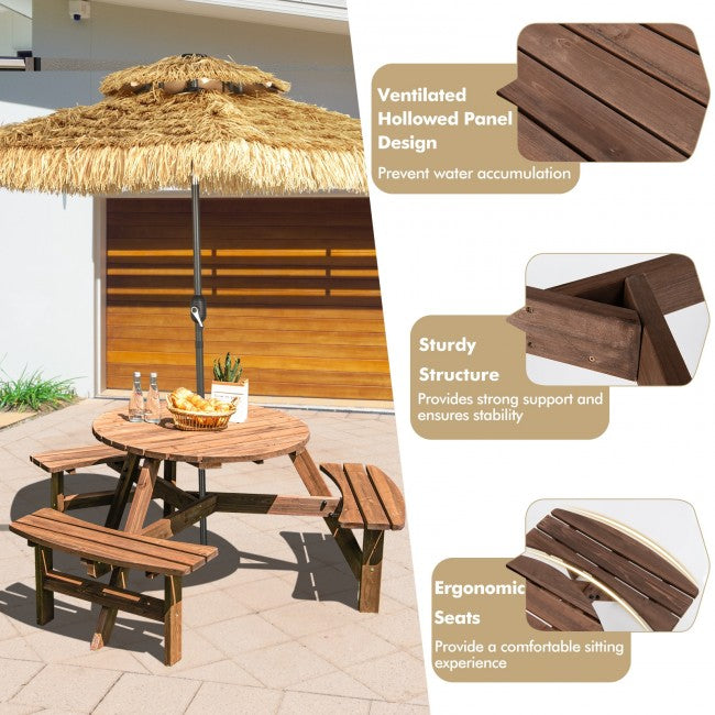 6-Person Outdoor Wooden Picnic Table Set Patio Dining Bench Set with Umbrella Hole