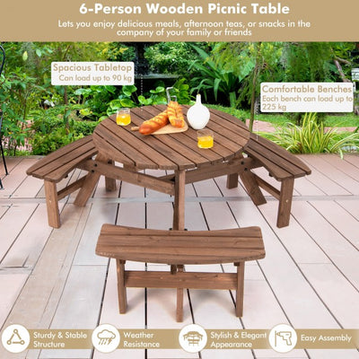 6-Person Outdoor Wooden Picnic Table Set Patio Dining Bench Set with Umbrella Hole