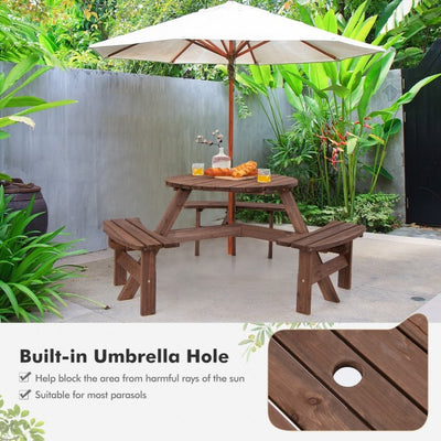 6-Person Outdoor Wooden Picnic Table Set Patio Dining Bench Set with Umbrella Hole