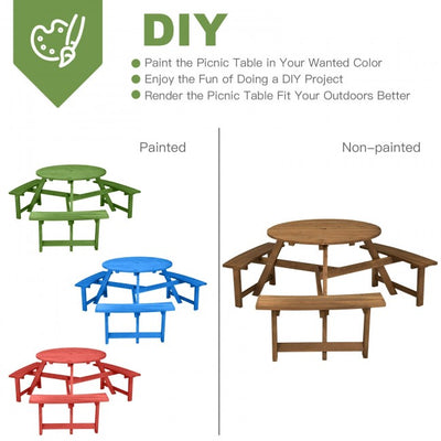 6-person Outdoor Circular Wooden Picnic Table with 3 Built-in Benches and Umbrella Hole