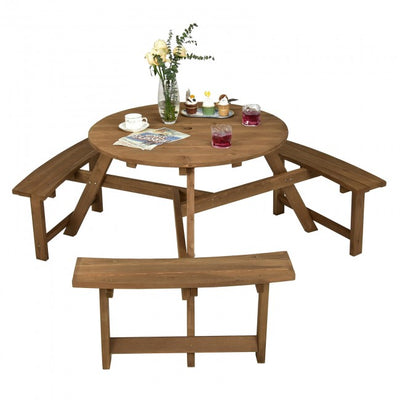 6-person Outdoor Circular Wooden Picnic Table with 3 Built-in Benches and Umbrella Hole