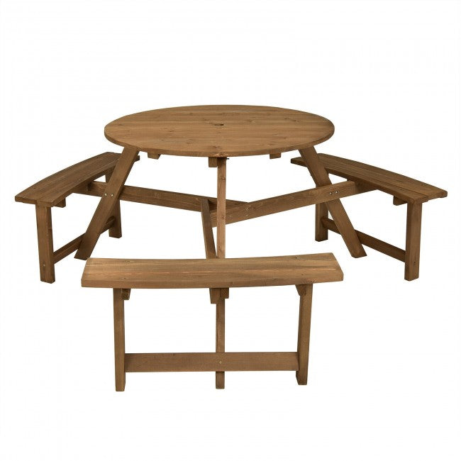 6-person Outdoor Circular Wooden Picnic Table with 3 Built-in Benches and Umbrella Hole