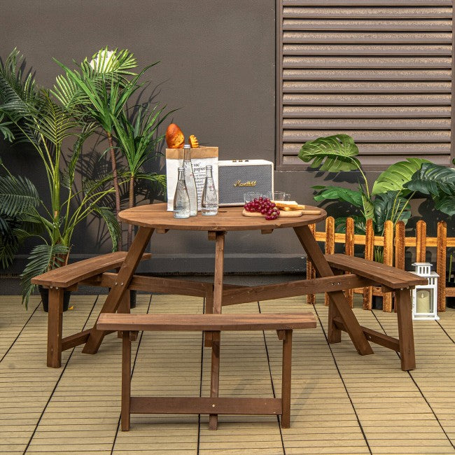 6-person Outdoor Circular Wooden Picnic Table with 3 Built-in Benches and Umbrella Hole