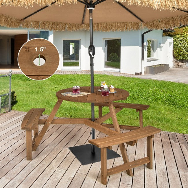 6-person Outdoor Circular Wooden Picnic Table with 3 Built-in Benches and Umbrella Hole
