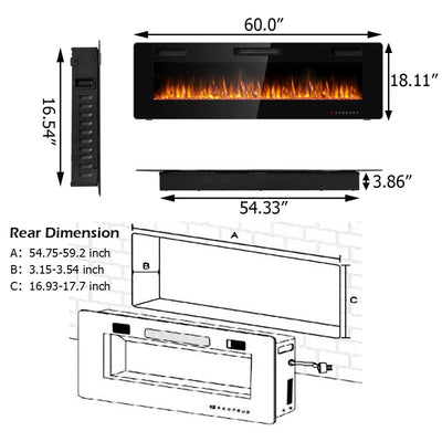 60" Recessed Electric Fireplace Ultra Thin Wall Mounted Heater with Dual Control