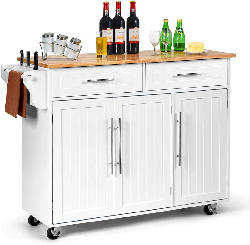 Kitchen Island Storage Cabinet Trolley Wood Top Rolling Cart Bar Serving Utility Cart with Drawers and Towel Rack