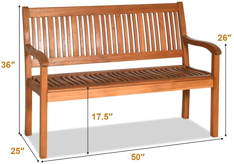 Outdoor Patio Two Person Solid Wood Garden Bench with Backrest and Armrest