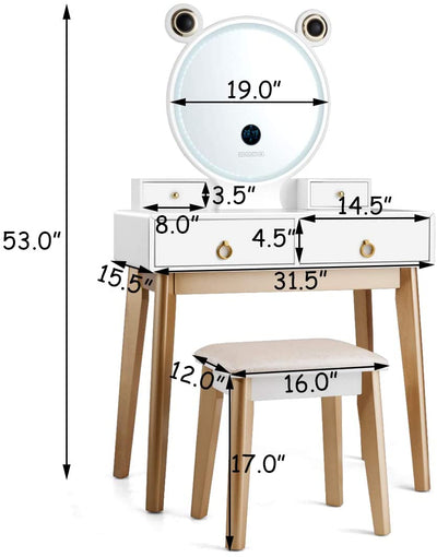 Vanity Table with Lighted Mirror and Cushion Stool, Makeup Dressing Desk for Girls Women