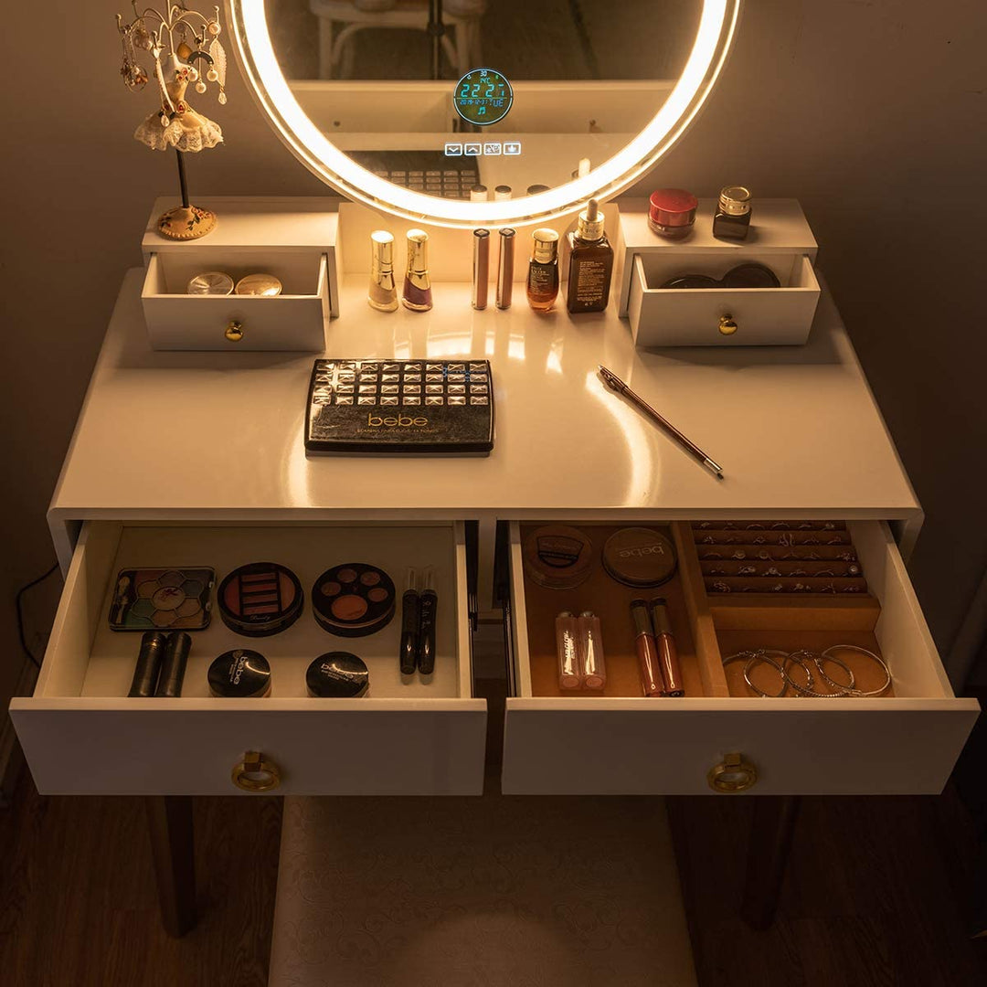 Vanity Table with Lighted Mirror and Cushion Stool, Makeup Dressing Desk for Girls Women