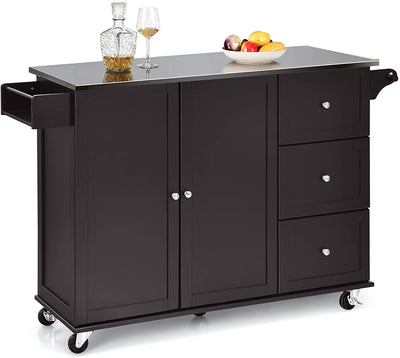 Kitchen Island Cart Rolling Trolley 2-Door Storage Cabinet with Adjustable Shelves and 3 Drawers