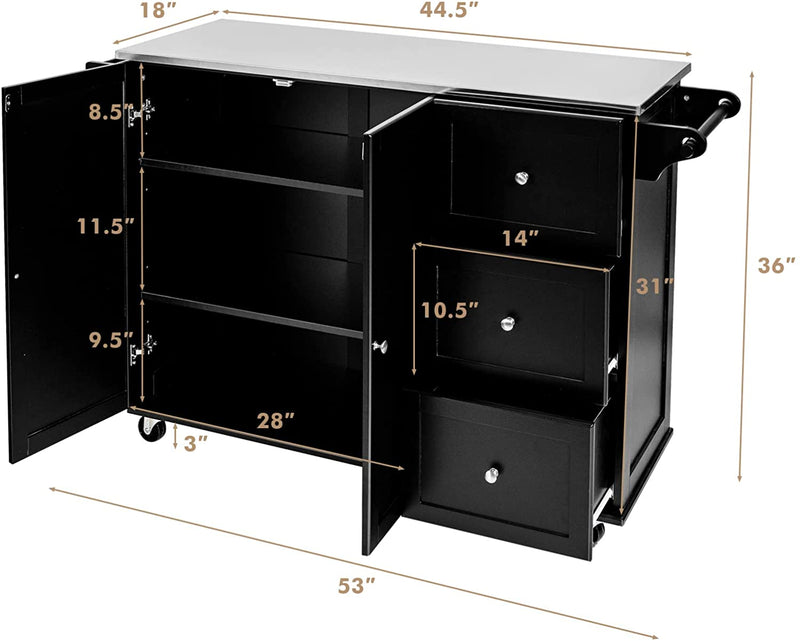 Kitchen Island Cart Rolling Trolley 2-Door Storage Cabinet with Adjustable Shelves and 3 Drawers