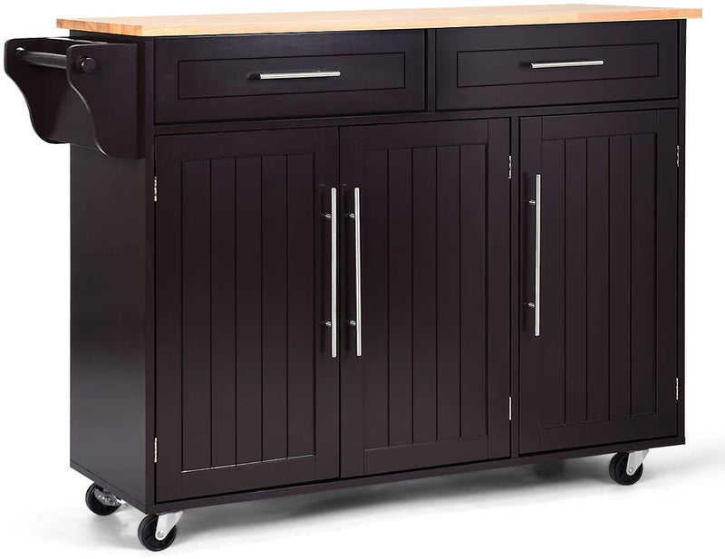 Kitchen Island Storage Cabinet Trolley Wood Top Rolling Cart Bar Serving Utility Cart with Drawers and Towel Rack