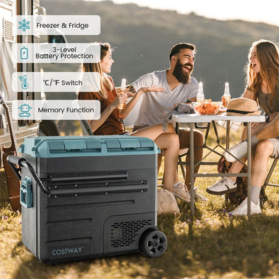 61 Quart Portable Car Refrigerator with Wheels 12/24V DC and 110-240V AC Dual-zone Electric Car Cooler Fridge for RV Camping Travel Home