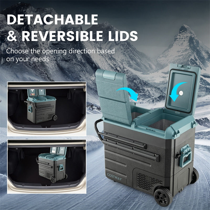 61 Quart Portable Car Refrigerator with Wheels 12/24V DC and 110-240V AC Dual-zone Electric Car Cooler Fridge for RV Camping Travel Home