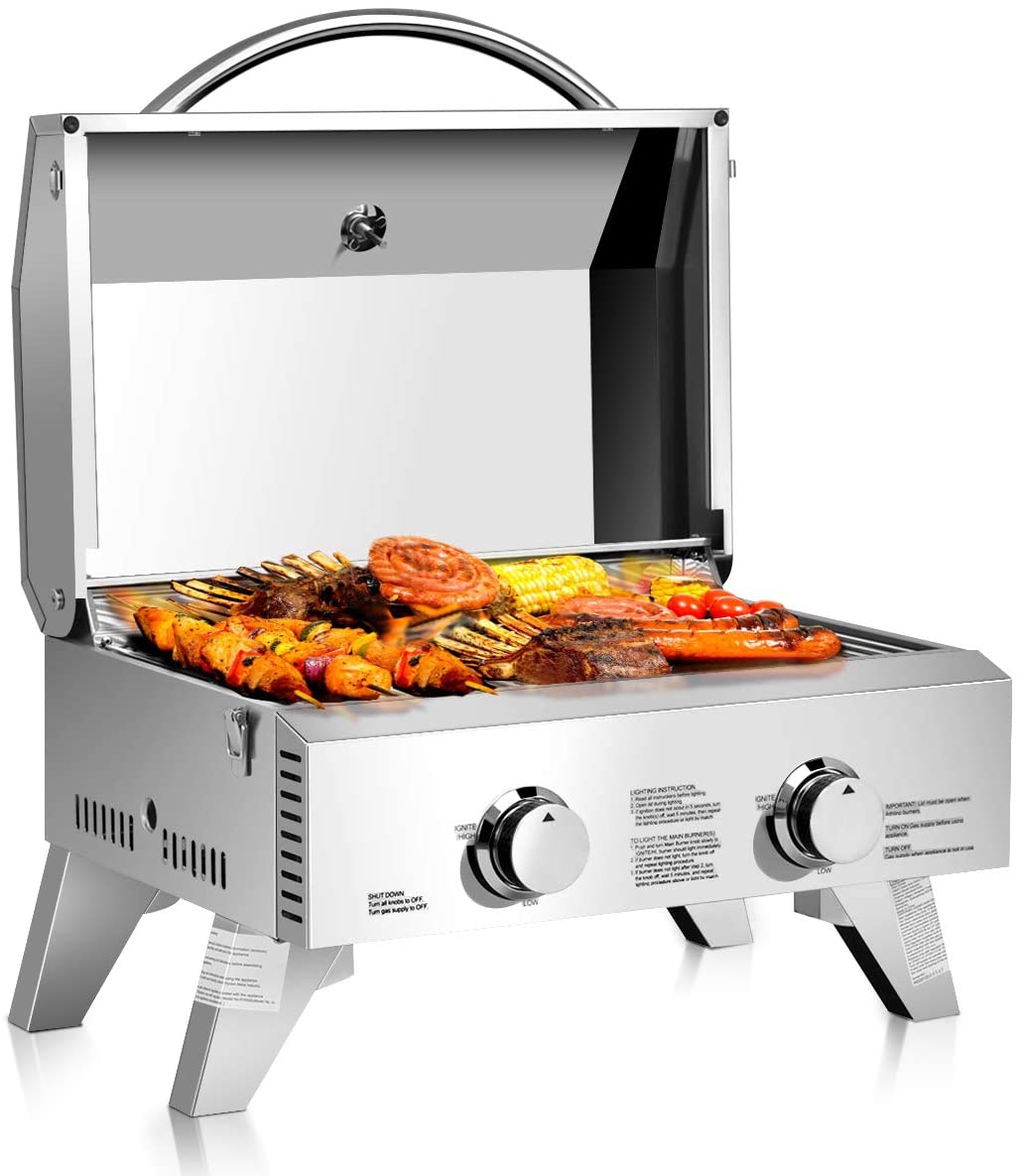 20000 BTU Outdoor Portable Gas Grill, Patio Propane BBQ Grid with 2 Burner