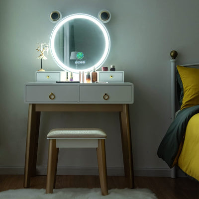 Vanity Table with Lighted Mirror and Cushion Stool, Makeup Dressing Desk for Girls Women