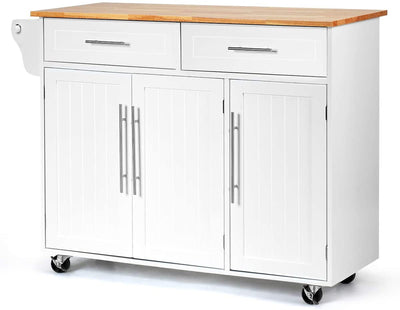 Kitchen Island Storage Cabinet Trolley Wood Top Rolling Cart Bar Serving Utility Cart with Drawers and Towel Rack