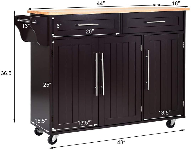 Kitchen Island Storage Cabinet Trolley Wood Top Rolling Cart Bar Serving Utility Cart with Drawers and Towel Rack