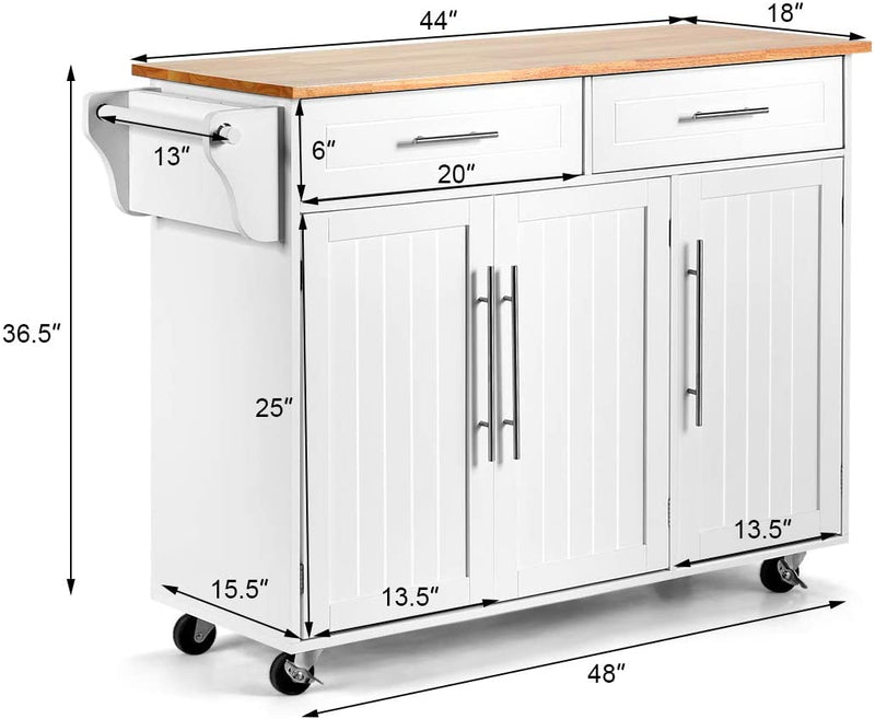 Kitchen Island Storage Cabinet Trolley Wood Top Rolling Cart Bar Serving Utility Cart with Drawers and Towel Rack