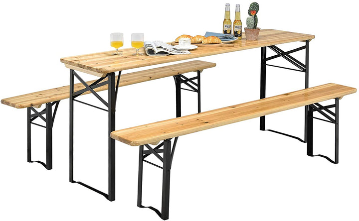 3 Pieces Outdoor Folding Table Bench Set Patio Portable Dining Table Set with Seating