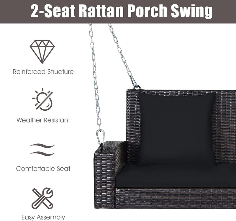 2-Person Patio Rattan Hanging Porch Swing Outdoor Wicker Swing Bench with Cushions