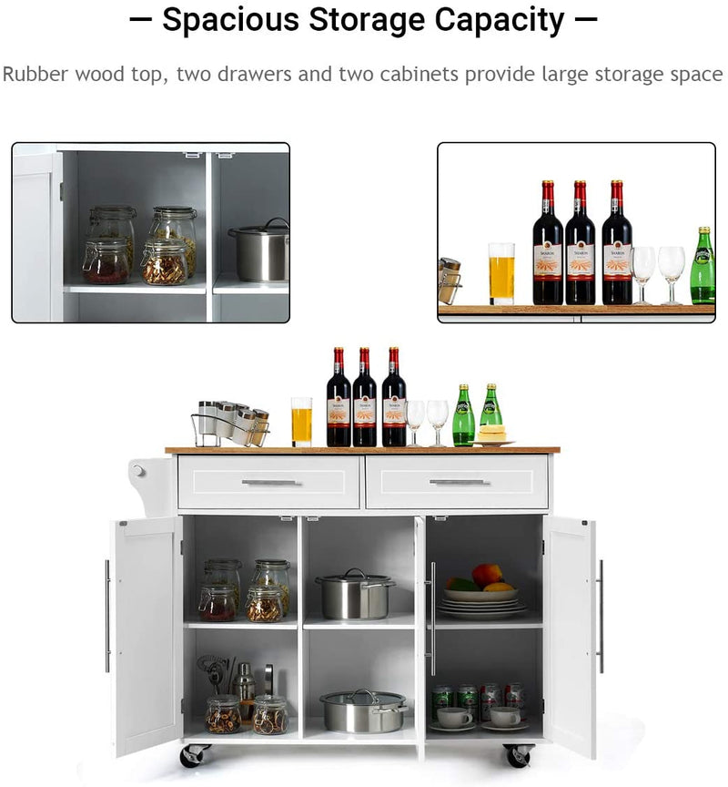 Kitchen Island Storage Cabinet Trolley Wood Top Rolling Cart Bar Serving Utility Cart with Drawers and Towel Rack