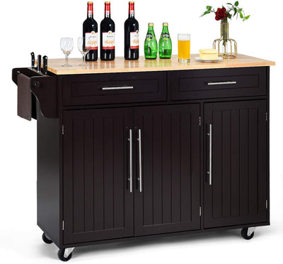 Kitchen Island Storage Cabinet Trolley Wood Top Rolling Cart Bar Serving Utility Cart with Drawers and Towel Rack