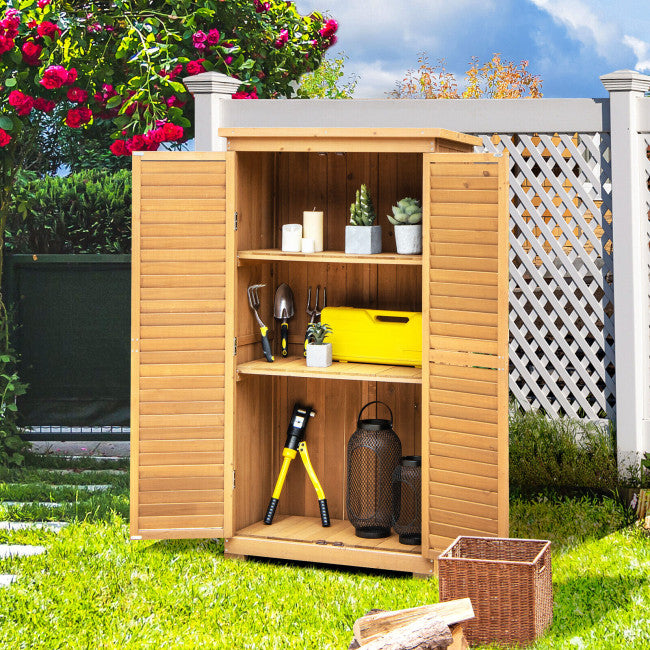 63" Outdoor Wooden Storage Cabinet Lockable Garden Tool Shed Vertical Organizer with Removable Shelves