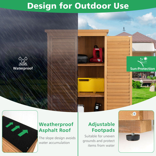 63" Outdoor Wooden Storage Cabinet Lockable Garden Tool Shed Vertical Organizer with Removable Shelves