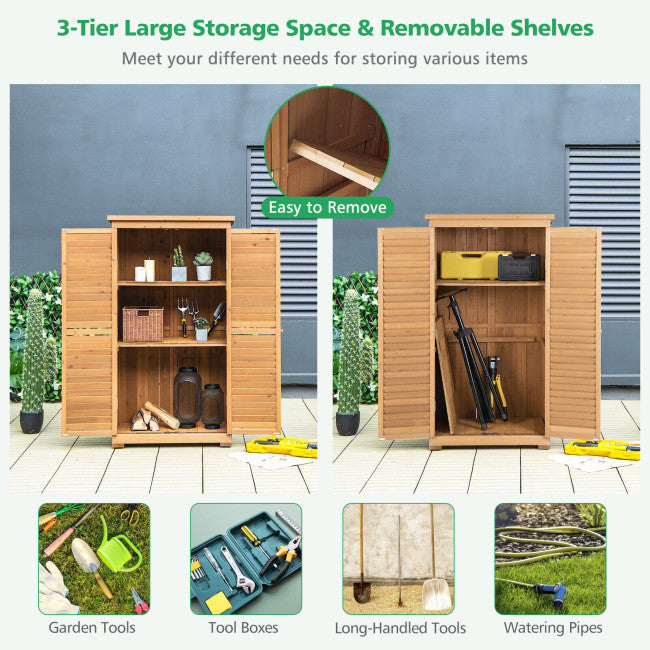 63" Outdoor Wooden Storage Cabinet Lockable Garden Tool Shed Vertical Organizer with Removable Shelves