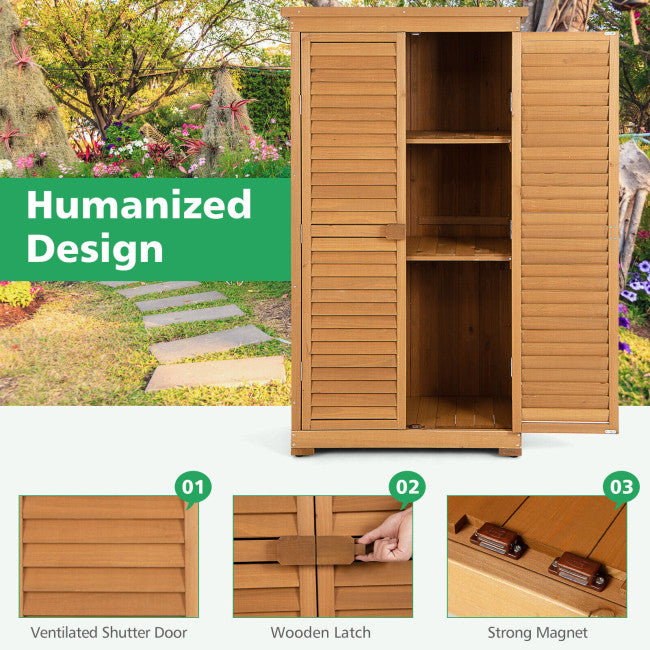 63" Outdoor Wooden Storage Cabinet Lockable Garden Tool Shed Vertical Organizer with Removable Shelves