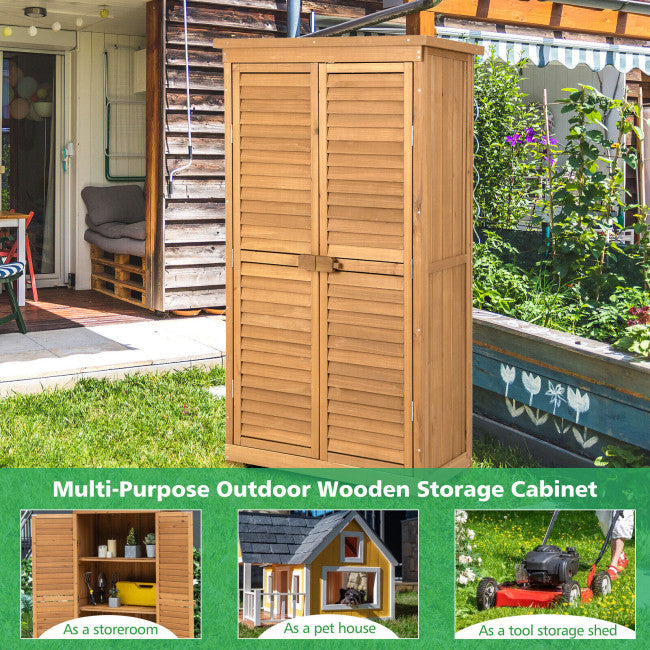 63" Outdoor Wooden Storage Cabinet Lockable Garden Tool Shed Vertical Organizer with Removable Shelves