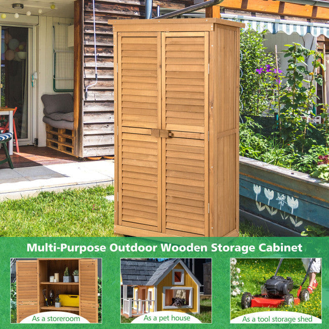 63" Outdoor Wooden Storage Cabinet Lockable Garden Tool Shed Vertical Organizer with Removable Shelves-Canada Only