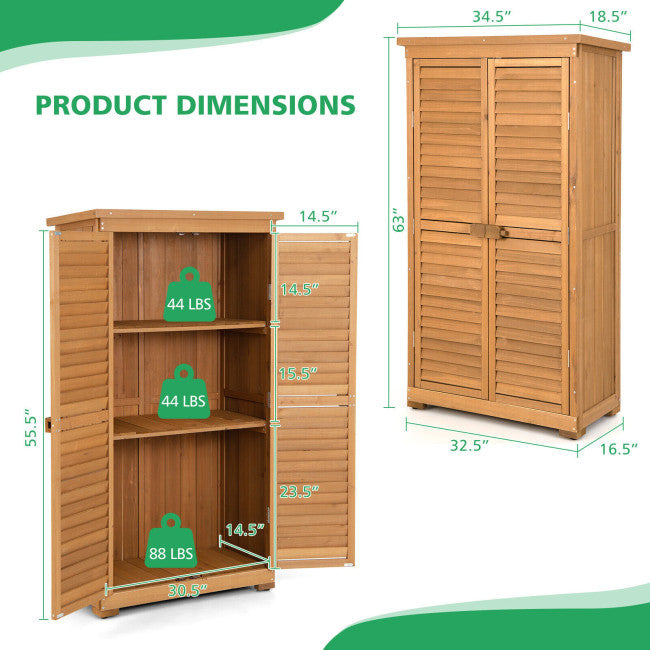 63" Outdoor Wooden Storage Cabinet Lockable Garden Tool Shed Vertical Organizer with Removable Shelves-Canada Only