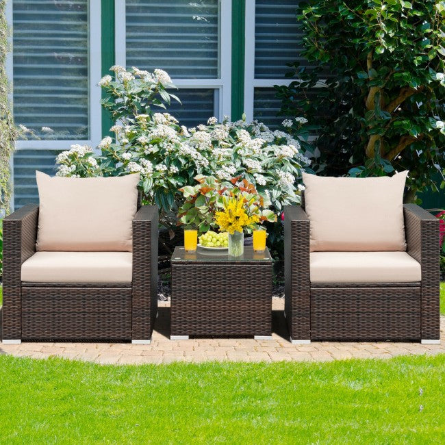 3 Pieces Patio Rattan Furniture Set Conversation Sofa Set with Cushion