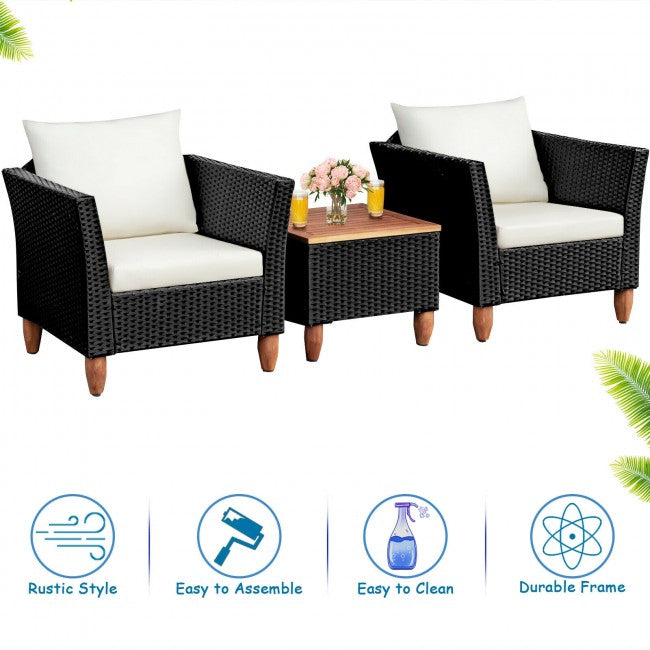 3 Pieces Outdoor Wicker Furniture Set Patio Conversation Sofa Set with Cushion and Table