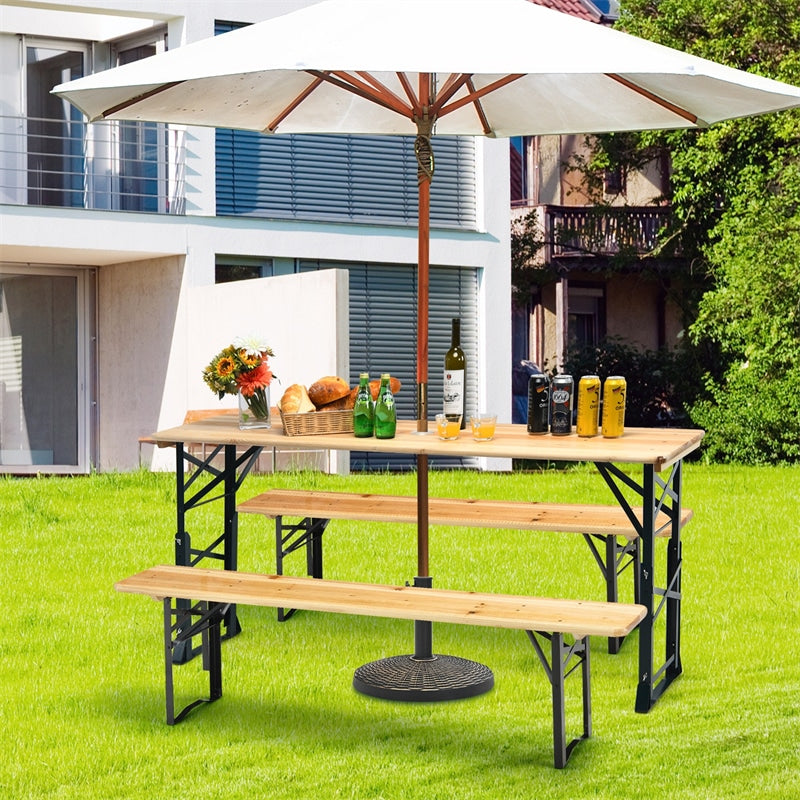 66.5 Inch Adjustable Height Outdoor Wood Folding Picnic Table with Umbrella Hole