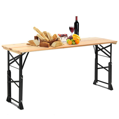 66.5 Inch Adjustable Height Outdoor Wood Folding Picnic Table with Umbrella Hole