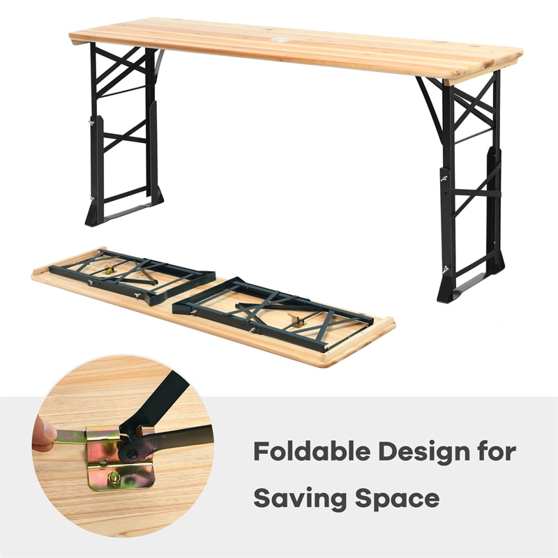 66.5 Inch Adjustable Height Outdoor Wood Folding Picnic Table with Umbrella Hole