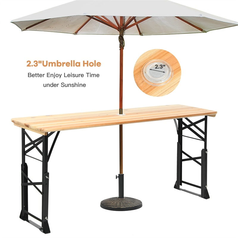 66.5 Inch Adjustable Height Outdoor Wood Folding Picnic Table with Umbrella Hole